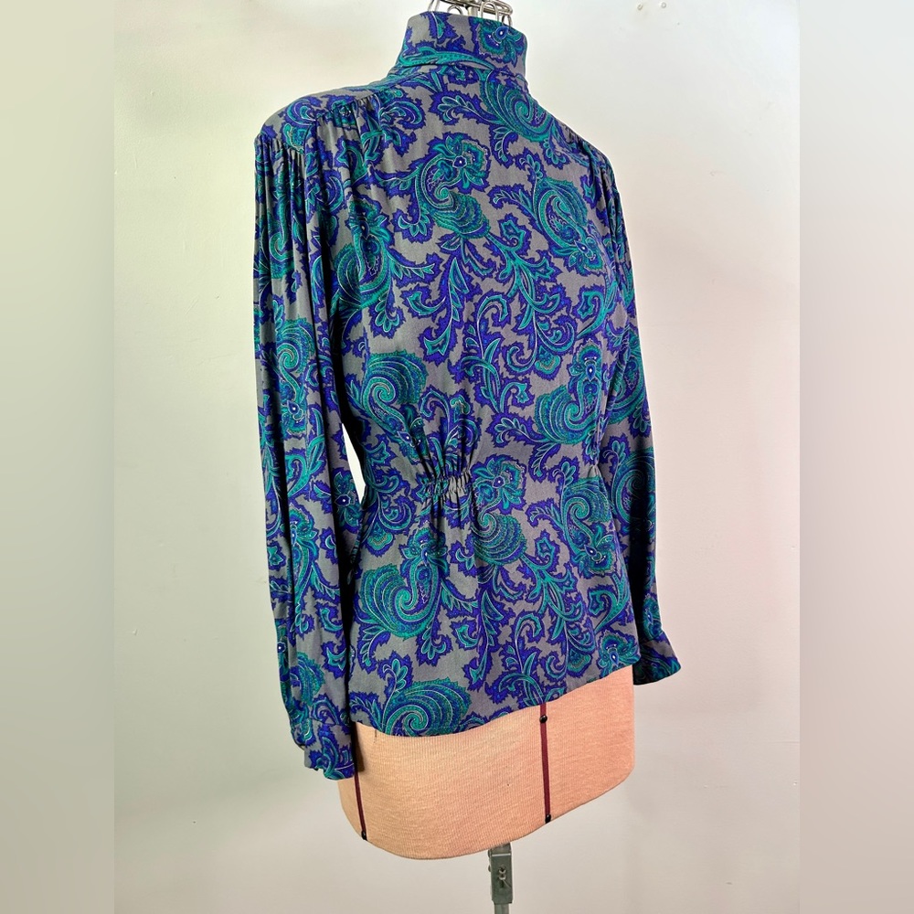 Vintage Evan Picone Paisley Blouse grey teal and purple print 1980s Size Small